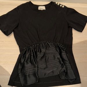 Black Philip Lim tee with silk ruffle and pearls